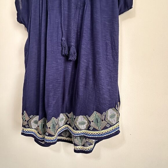 Wrangler Top Shirt L French Navy Embroidered Tassel Rayon Pintuck Boho Blue NEW - Picture 2 of 8